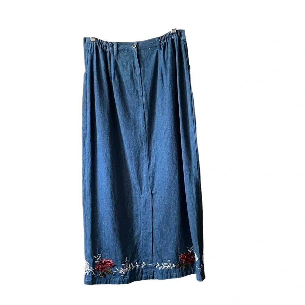 Vintage denim embroidered midi skirt